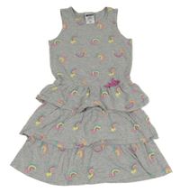 Šedé melírované šaty s duhami a jednorožci a volánky POCOPIANO