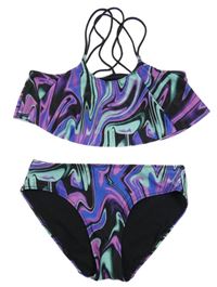 Černo-fialovo-cobaltově modro-mentolové vzorované dvoudílné plavky H&M