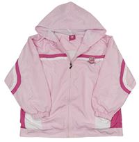 Růžovo-bílá šusťáková jarní bunda s pruhy a výšivkou s kapucí  