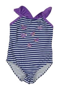 Tmavomodro-bílé pruhované jednodílné plavky se srdíčky z flitrů Primark