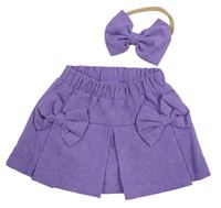 2set - Levandulová žebrovaná sukně s mašlemi + čelenka s mašlí