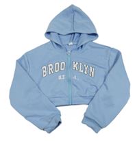 Světlemodrá propínací crop mikina s nápisem a kapucí Shein