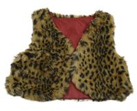 Hnědá kožešinová podšitá crop vesta s leopardím vzorem