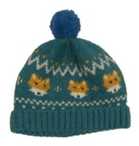 Zelená pletená vzorovaná čepice s liškami a bambulí