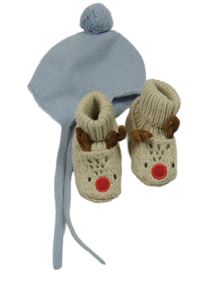 2set - Modrá kašmírová čepice s bambulí + béžové pletené zateplené capáčky se soby