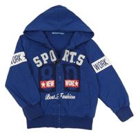 Tmavomodrá propínací mikina s nápisem a kapucí