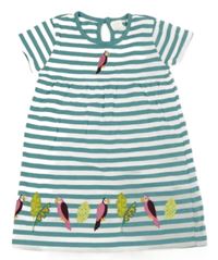 Tyrkysovo-bílé pruhované bavlněné šaty s papoušky Alana