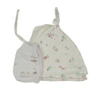 2set - Bílá květovaná bavlněná čepice + rukavičky se zvířaty