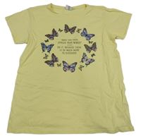 Žluté tričko s motýly a nápisem Page One Young