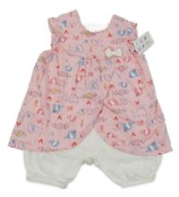 Nové - Růžovo-bílý bavlněný kraťasový overal se slony Nutmeg
