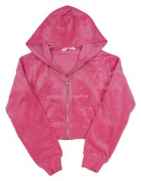 Růžová sametová propínací crop mikina s kapucí H&M