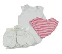 4 set - bílé body + růžový pruhovaný slinták + 2x bílé rukavice 