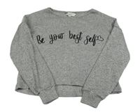 Šedé žebrované úpletové crop triko s nápisem E-Vie