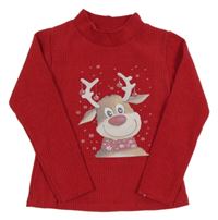 Červená žebrovaná sametová mikina se sobem 