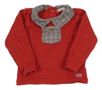 Červené úpletové triko s šedým límečkem a kapsou 