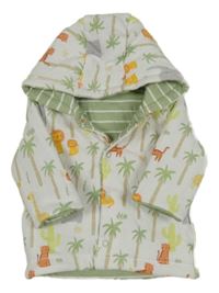 Bílo-zelená zateplená propínací oboustranná mikina se zvířaty a kapucí 