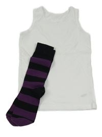 2 set - bílá košilka + fialovo-černé pruhované ponožky 