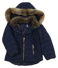 Tmavomodrá šusťáková zimní bunda s kapucí s kožešinou Joules