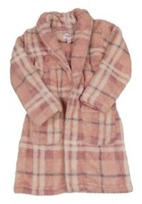 Růžovo-bílo-šedý kostkovaný plyšový župan 