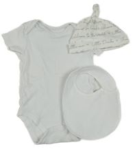 3set - bílé body + bílý bryndák + bílá čepice s nápisy 