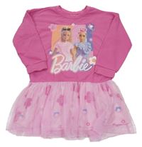 Růžové teplákové šaty s Barbie a tylovou sukní 