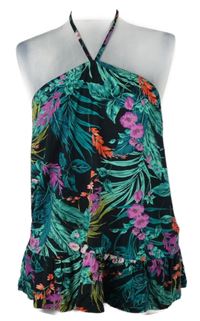 Dámský černý top s květy a zavazováním za krk Tu