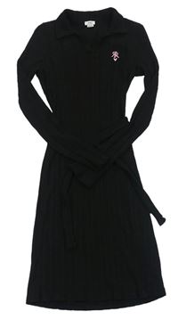 Černé žebrované šaty s límečkem a logem River Island