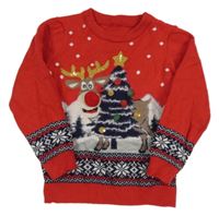 Červený pletený svetr se sobem a stromkem Dunnes Stores 
