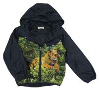 Tmavomodrá šusťáková jarní bunda s tygrem a kapucí H&M