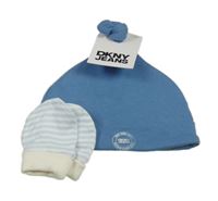 Nové - Modrá čepice s nápisem + pruhované rukavice 