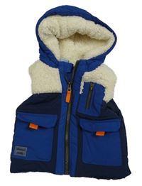 Tmavomodro-modrá šusťáková zateplená vesta s kapucí 