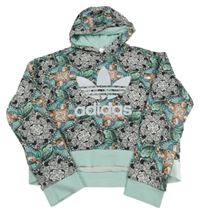 Světlezelená crop mikina s papoušky a kapucí Adidas