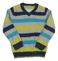 Šedo-tmavomodro-limetkový pruhovaný svetr F&F