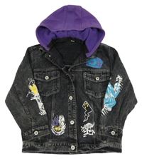 Tmavošedá riflová bunda s potiskem a odepínací kapucí 