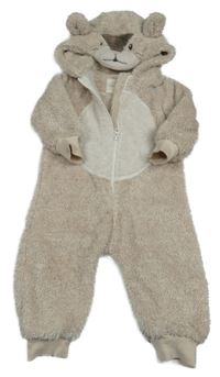 Béžovo-bílá chlupatá kombinéza s kapucí - medvěd Next