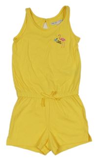 Žlutý bavlněný kraťasový overal s plameňákem Pocopiano