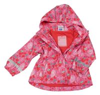 Růžová šusťáková podzimní parka s jahůdkami a kapucí Topomini
