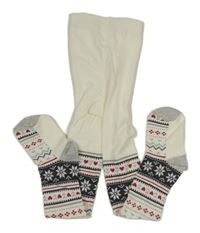 Bílo-tmavošedo-šedé punčocháče se vzorem a vločkami a srdíčky PRIMARK