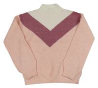 Světlerůžovo-vínovo-bílý žebrovaný svetrový rolák PRIMARK