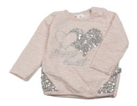 Světlerůžovo-bílá melírovaná puntíkatá mikina se srdíčky a flitry a nápisy bebico