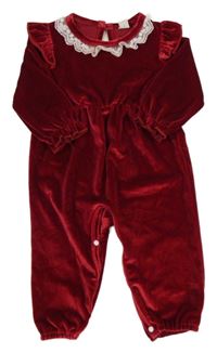 Tmavočervený lesklý sametový overal s volánky SHEIN