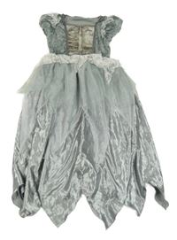 Kostým - Šedé saténovo/sametové šaty s kostmi a krajkou a tylem a volánky 