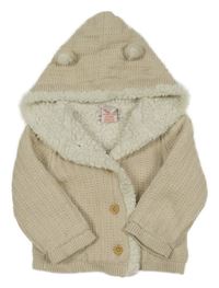 Světlebéžový žebrovaný propínací zateplený svetr s kapucí s oušky Tommy Bahama