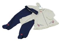 Nové - 3Set - Bílo-tmavomodrá puntíkatá propínací slabá mikina s ptáčky a volánky + polodupky + čepice Little Me