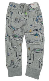 Nové - šedé melírované tepláky s auty a monster trucky a stavebními stroji F&F