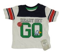 Nové - bílo-tmavomodré tričko s nápisy a autem a pruhy PRIMARK