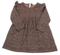 Hnědo-tmavohnědo-oranžovo-růžové kostkované šaty s volánky ZARA