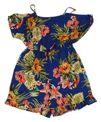 Safírový kraťasový overal s květy a lístečky a volnými rameny a volánky PRIMARK