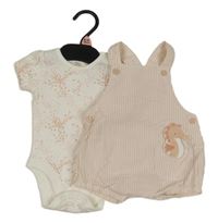 Nové - 2Set - Světlerůžovo-bílé pruhované krepové laclové kraťasy s 3D mořským koníkem + bílo/světlerůžovo/hnědé body F&F