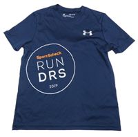Tmavomodré funkční sportovní tričko s nápisy a logem UNDER ARMOUR